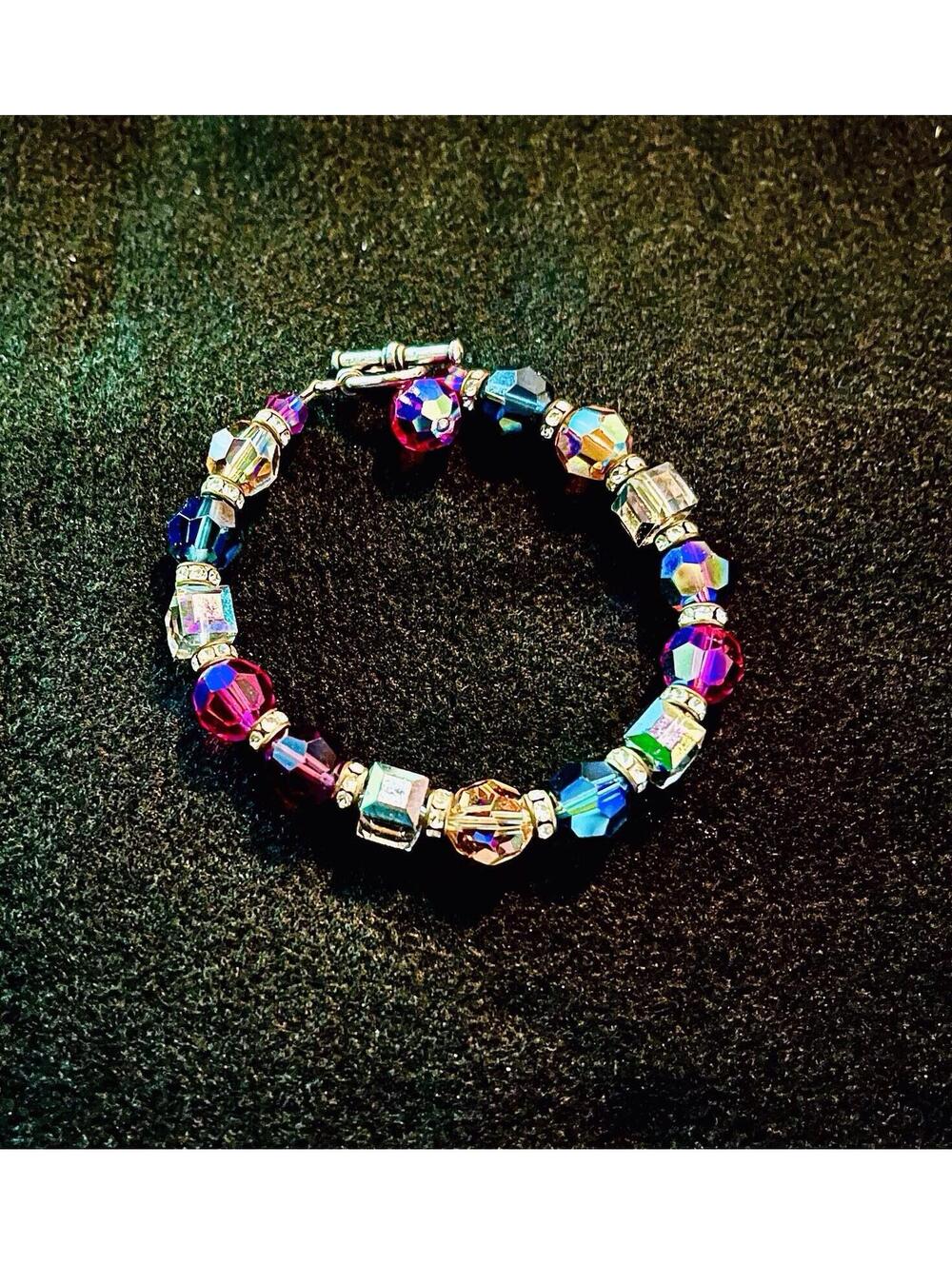 Artisan Handmade Sterling Silver Sparkling Swarovski Crystal Beaded Bracelet 8”